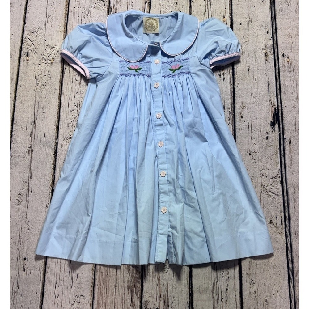 The Beaufort Bonnet Company TBBC Smocked Tabitha Dress Blue Tulip Floral Sz 6